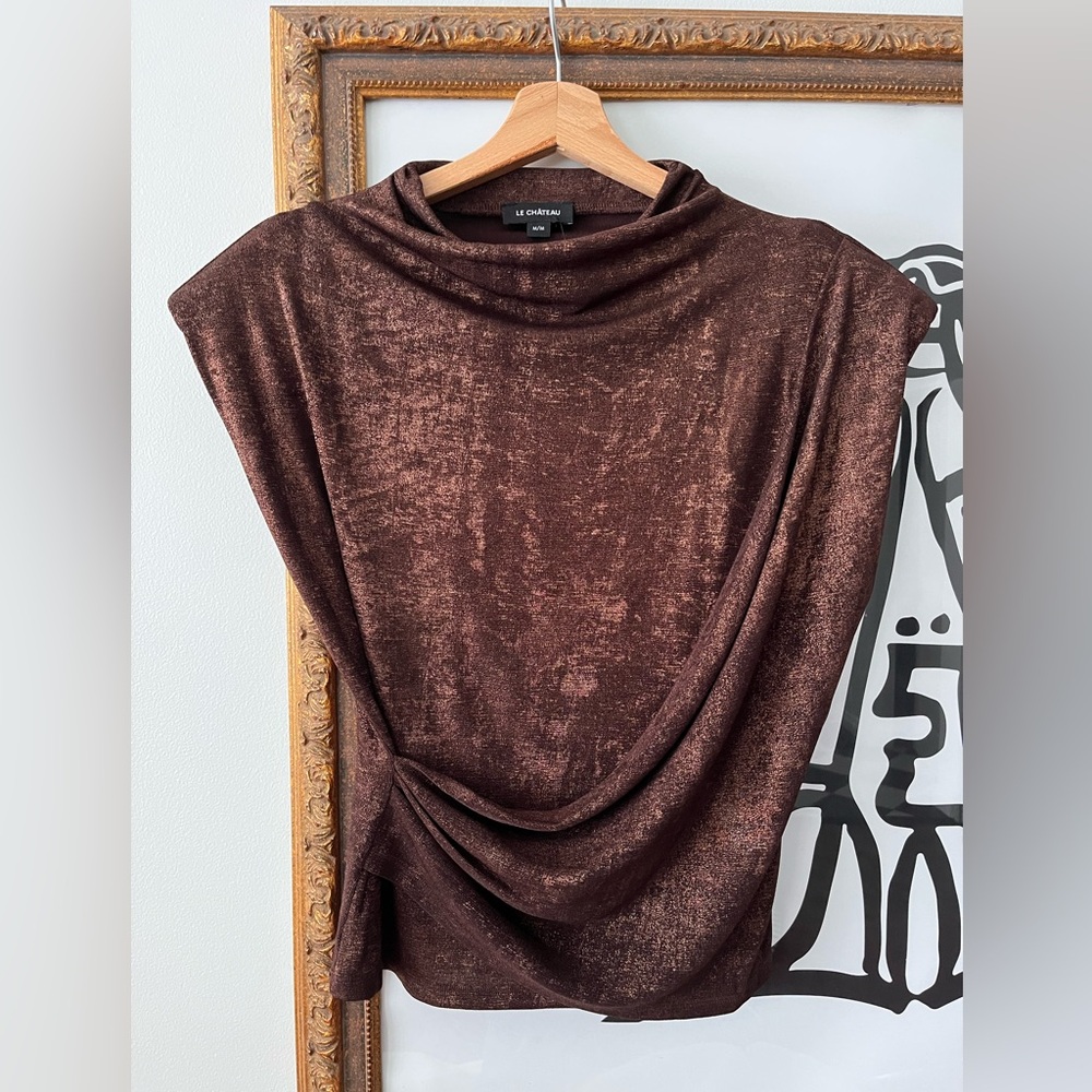 NWT Le Château Metallic Brown Cowl Neck Top